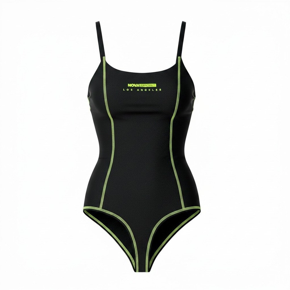 New XS Fashion Nova Sport Los Angeles Black Neon Green Contrast Stitch Bodysuit